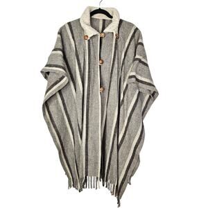 Vintage 70s Gray Striped Fringe Poncho Western Boho Hippie Button Front One Size
